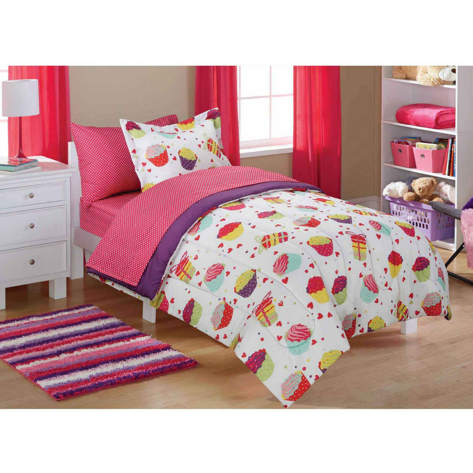 Mainstays Cupcake Girls Full Bed Set Comforter Fitted Flat Sheet Pillowcase Sham - $44.95