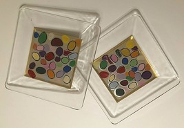 Set of 2 Clear Glass Fusing Rainbow Pebbles Dessert Salad Square Plate Vintage - £36.42 GBP