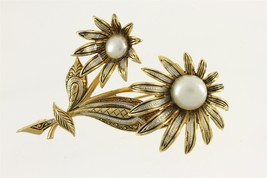 Vintage Costume Jewelry SPAIN Damascene Faux Pearl Floral Brooch Pin 2.5&quot; Tall - £19.77 GBP