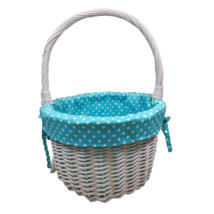 White Woven Wicker Basket Easter Flower Girl Gift Teal Polk a Dot Fabric Liner - £11.15 GBP