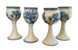 Studio Art Pottery Chalices Goblets 4 Blue Floral Artist Signed MV Vintage - £20.20 GBP