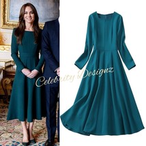 Kate Middleton Inspired Cotton Square Neck Long Sleeve Fit-and-Flare Midi Dress - £102.33 GBP