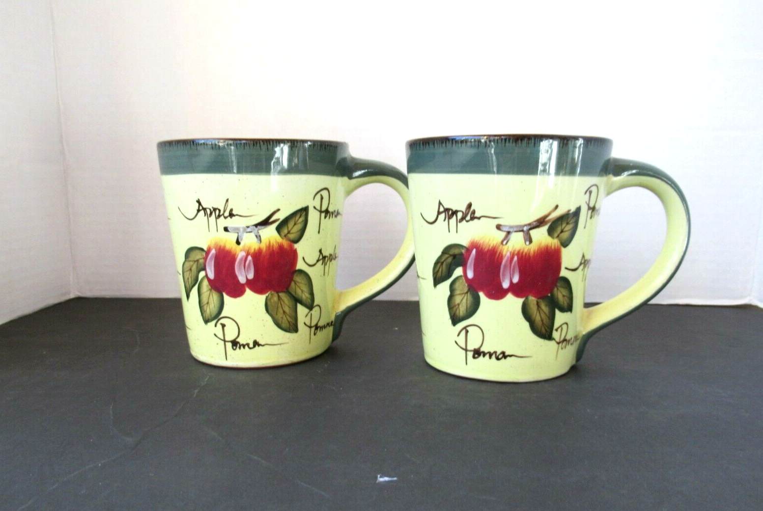 Gibson Everyday set of 2 mugs hand painted apples green red 4" H coffee tea - $15.63