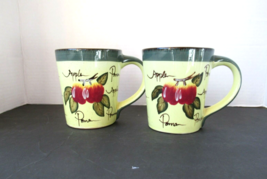 Gibson Everyday set of 2 mugs hand painted apples green red 4&quot; H coffee tea - £12.36 GBP