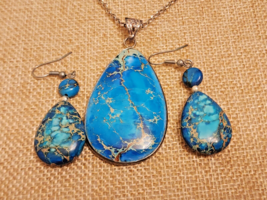 Blue Copper Turquoise Cabochon Pendant &amp; Earring Set 925 Sterling Silver Jewelry - £93.50 GBP