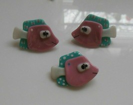 Signed Shiny Pink, Blue, White Enamel  Fish Brooch &amp; Earrings 1992 - £26.01 GBP