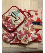 Summer kitchen 6 pc set dish mat towel mitt pot holder watermelon strawb... - $21.03 CAD