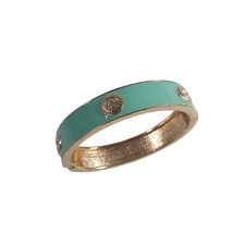 Clam Close Cuff Bracelet Enameled Teal Blue Gold Tone Metal Costume Jewelry - £18.64 GBP