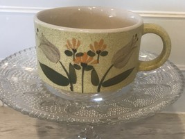 Vintage japan Stoneware Speckled  Coffee Soup Mug  spring flowers. mint! - £18.20 GBP