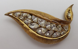 Vintage JJ Jonette Rhinestone Leaf Brooch Pin Gold-Tone Textured Signed - £27.11 GBP