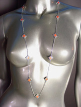 18kt White Gold Plated Orange Enamel Clover Clovers Long Necklace Earrings Set - $39.99