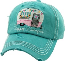 Happy Camper Vintage Distressed Adjustable Turquoise Women&#39;s Baseball Hat - £16.64 GBP