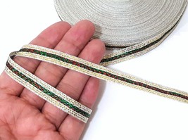 3/8&quot; 1cm wide 32y Silver Gold Metallic &amp; Green Red Stripes Polyester ribbon MR36 - £4.81 GBP