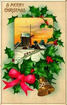 A Merry Christmas Holly Bell Windmill Cabin Scene UNP Embossed DB Postcard H31 - $3.91