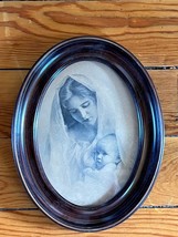 Vintage Mother in Veil Holding Cute Baby Infant Oval Print In Faux Wood Frame - £9.02 GBP