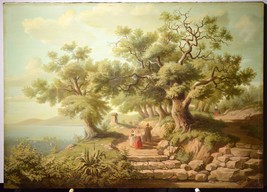 Italian landscape View of bay from foothills 19th century Large oil painting - $1,212.00
