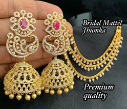 Bollywood Gold Plated Indian CZ Pearl jhumkas Earrings Women Bridal Jewelry Set - £75.12 GBP