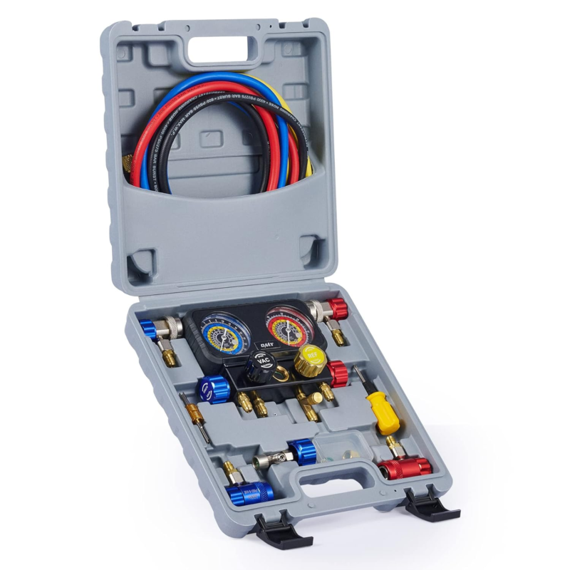 4 Way AC Gauges W Hoses R1234Yf R134A Quick Couplers Self Sealing Can Ta... - $166.23