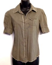 At Last Olive Drab Green Button Up Blouse size Medium Woven Cotton Top Shirt - £11.61 GBP