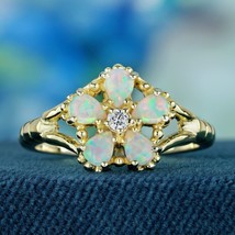 Natural Opal and Diamond Vintage Style Floral Ring in Solid 9K Yellow Gold - £599.40 GBP