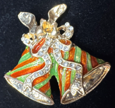 Vintage Christmas Bells Brooch Enamel Rhinestone Holiday Pin Gold Tone - $19.79