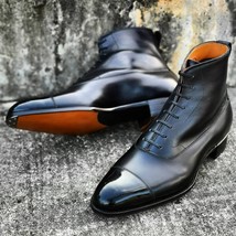 Handmade Men’s Balmoral Black Cowhide Leather Ankle High Cap Toe Lace Up... - £117.00 GBP+