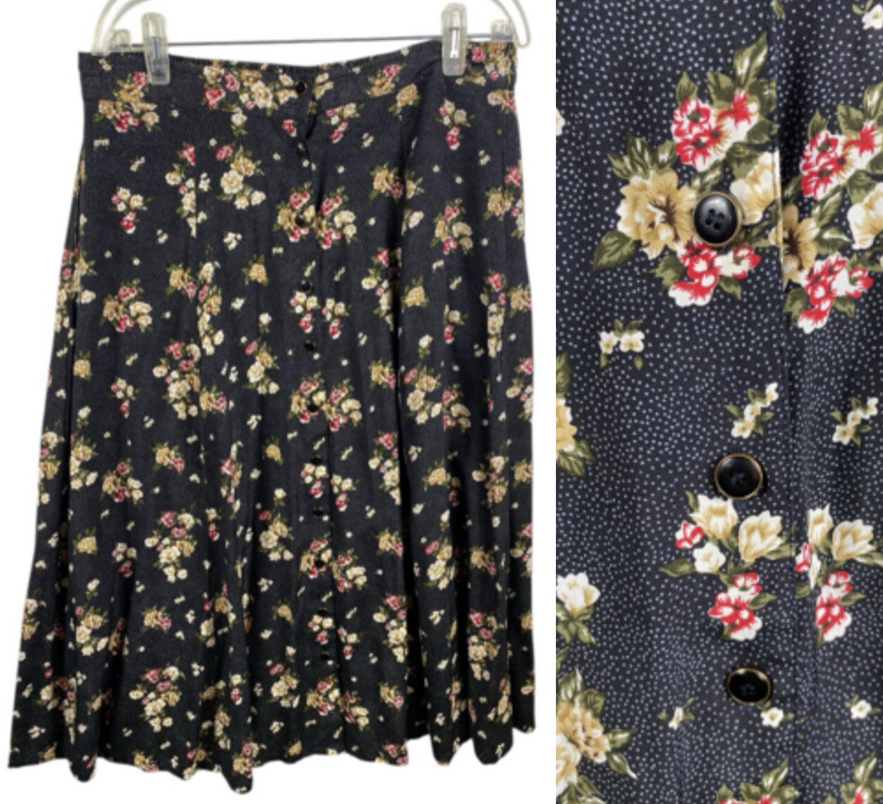 Kathryn Deene Skirt 18/20 Midi Button Up Black Floral Cottagecore Vintag... - $49.72