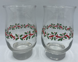 Libbey Christmas Glasses Tumbers LRS3 Holly Clear Rim 5 1/4 &quot; 14 oz Set of 2 - £9.33 GBP