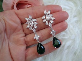 3.00Ct Pear Cut CZ Green Emerald Halo DropDangle Earrings 14K White Gold Finish - £134.70 GBP