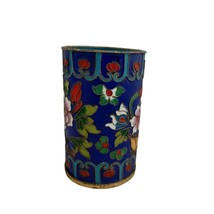 Blue Cloisonne Cylindrical Vase Floral with Birds Gold Trim Vintage Small - £27.40 GBP