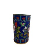 Blue Cloisonne Cylindrical Vase Floral with Birds Gold Trim Vintage Small - £27.25 GBP
