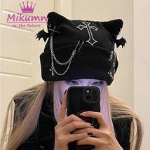 Black Knitted Beanie Hat - Gothic Grunge Style with Cat Ears, Bat Wings, Punk Cr - £31.94 GBP