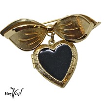 Vintage Heart Locket Pin w Big Bow Black Enamel Front  2.5&quot; Sweet Gift -... - £18.87 GBP