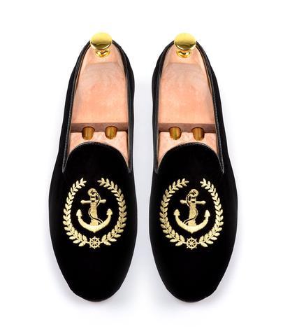 Black Color Velvet Loafer Slip Ons Anchor Embroidered Party Wear Handmade Shoes