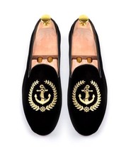 Black Color Velvet Loafer Slip Ons Anchor Embroidered Party Wear Handmade Shoes - £109.66 GBP