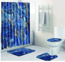 Royal Blue Marble Bathroom Shower Curtain Toilet Seat Cover Rug Set - £50.45 GBP