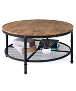 Coffee Table 2-Tier Round Industrial Wood Steel Metal Storage Shelves Fu... - £129.65 GBP