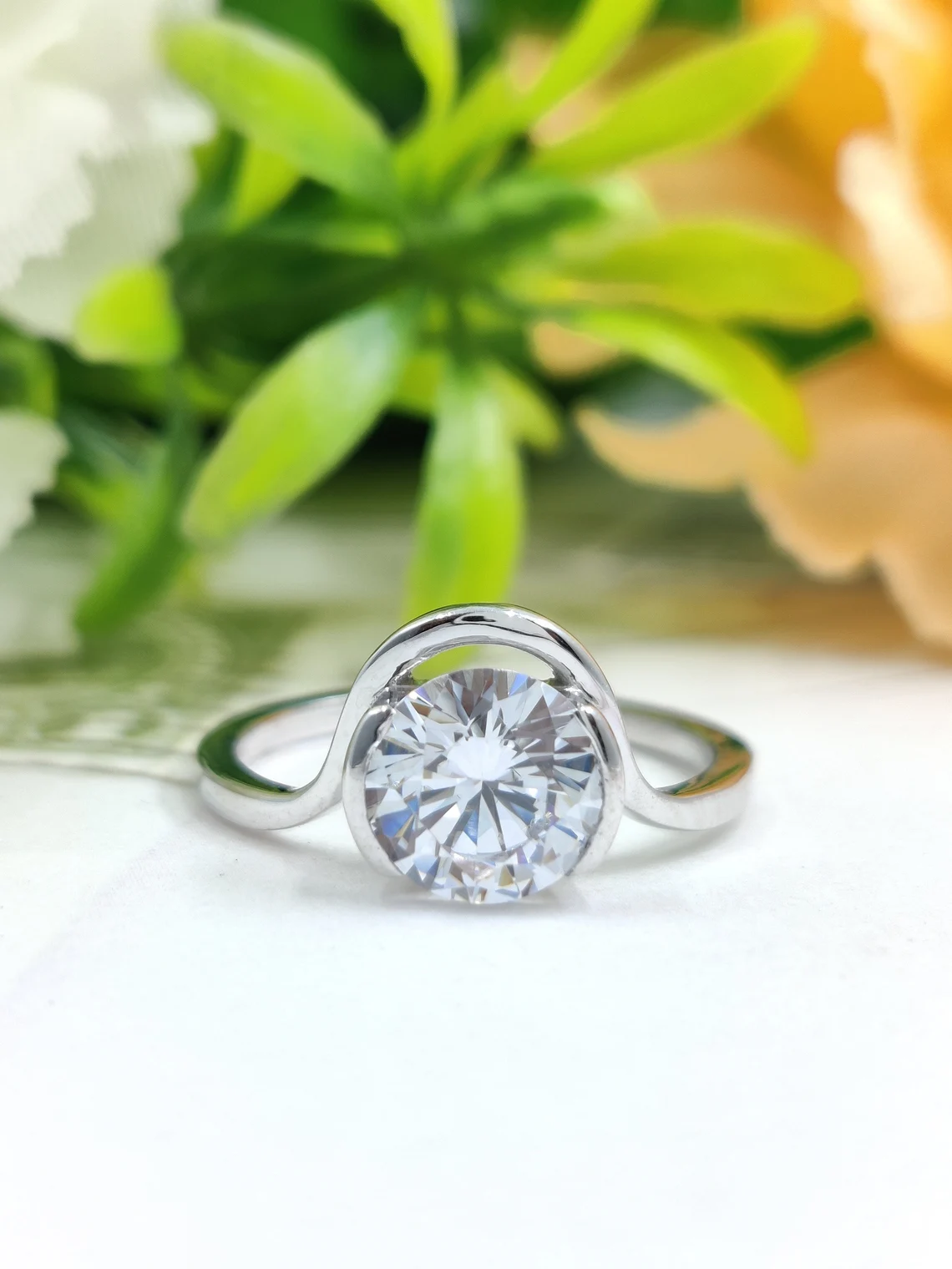 Round Solitaire Engagement Ring, Round Moissanite Half Bezel Set Wedding Ring - £76.51 GBP