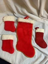 4 Vintage Christmas Red Stockings Socks With Hanging Hooks - $13.46