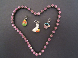 3 Vintage Easter Enameled Charms &amp; Pink Rhinestone Stretch Bracelet - $5.59