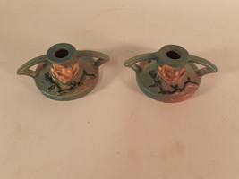 Roseville Pottery Magnolia Candleholders 1156, Blue Glaze - $33.35