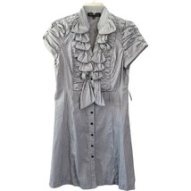 Akira Black Label Gray &amp; White Striped Dress ruffles on front Sz Medium - £21.17 GBP
