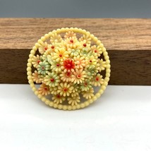 Vintage Carved Celluloid Brooch, Cream Colored Flowers, Colorful Romantic Floral - £49.49 GBP