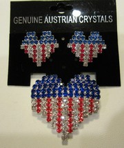 Heart Flag Pattern Pin Earrings Patriotic Usa Red White And Blue Rhinestone - £21.28 GBP