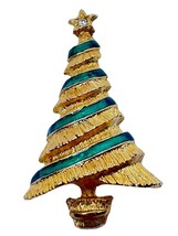 Christmas Tree Brooch Pin Vintage Jewelry Gold-Colored Green Stripes Rib... - £23.46 GBP