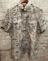 CHAPS Mens M Button Up Vented Shirt Fishing Outdoor Tan Beige Print Poly... - £25.17 GBP