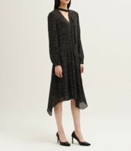 Theory Sz 4 Tie Neck Drape Dress Black Speckle 100% Silk Midi Long Sleeve $495 - £71.21 GBP