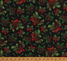 Cotton Christmas Holly Red Berries Pinecones Black Fabric Print by Yard D505.67 - £10.31 GBP