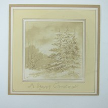 Victorian Christmas Card Winter Scene Evergreen Trees Yellow Brown White... - $5.99