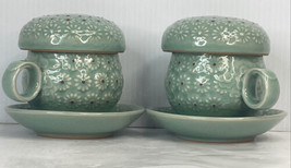 Pair Celadon 4-PIECE Teacup, Saucer, Lid, Infuser Ceramic Raised Floral Design - £30.93 GBP